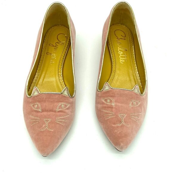 Charlotte Olympia Mid Century Kitty Cat Pink Velvet Pointed Flat EU 36 US 5.5-6 - Picture 2 of 12
